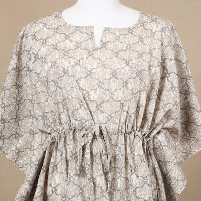 Brown - Hand Block Printed Cotton Kaftan with Tie-Up Waist (Short)