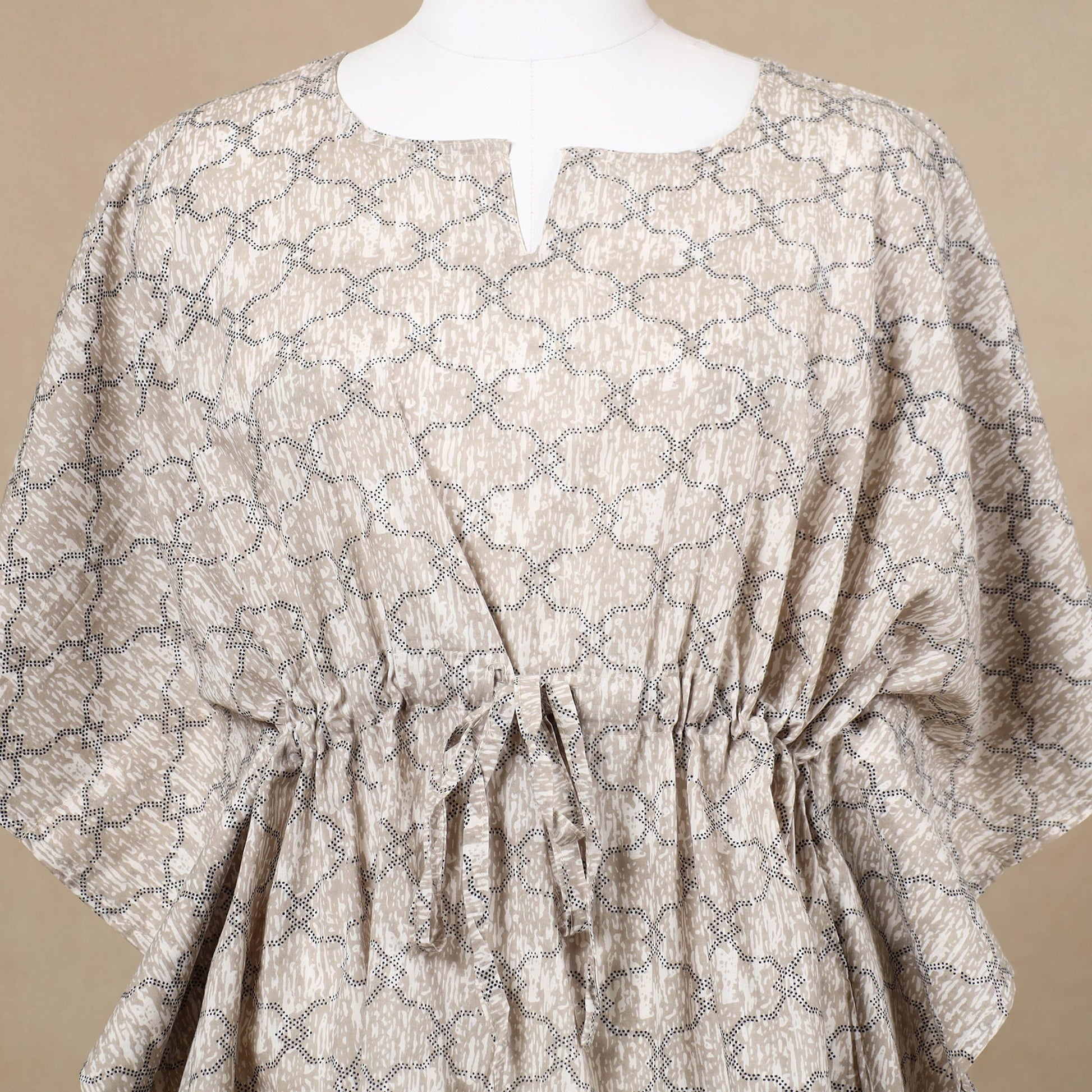 Brown - Hand Block Printed Cotton Kaftan with Tie-Up Waist (Short)