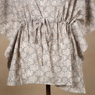 Brown - Hand Block Printed Cotton Kaftan with Tie-Up Waist (Short)
