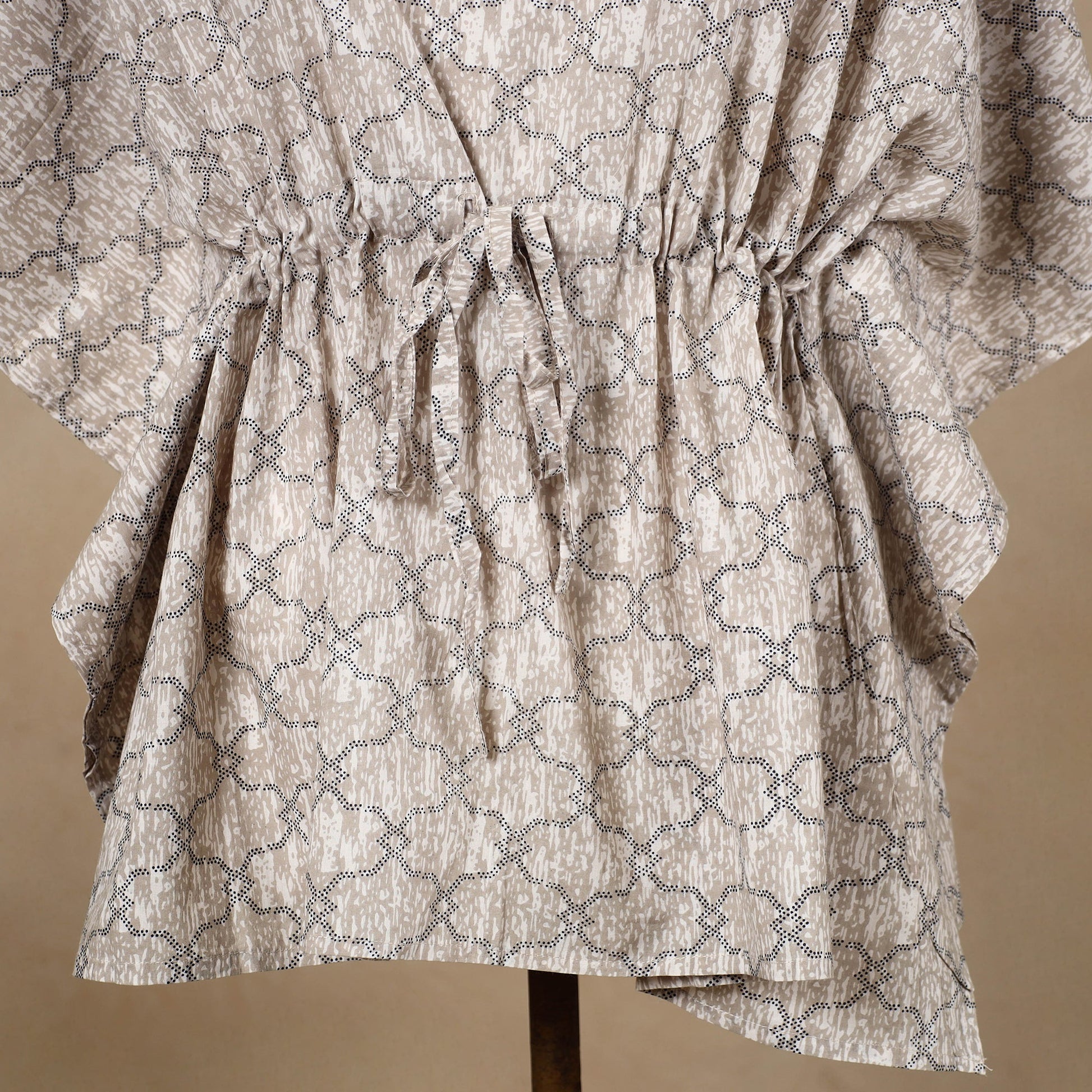 Brown - Hand Block Printed Cotton Kaftan with Tie-Up Waist (Short)