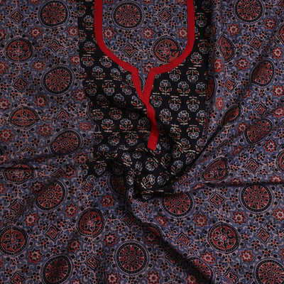 Blue - Ajrakh Print Cotton Patchwork Kurta Material (3m) 14