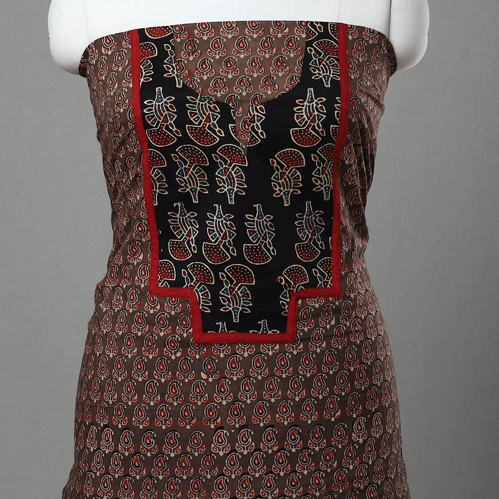 Brown - Ajrakh Print Cotton Patchwork Kurta Material (3m) 10
