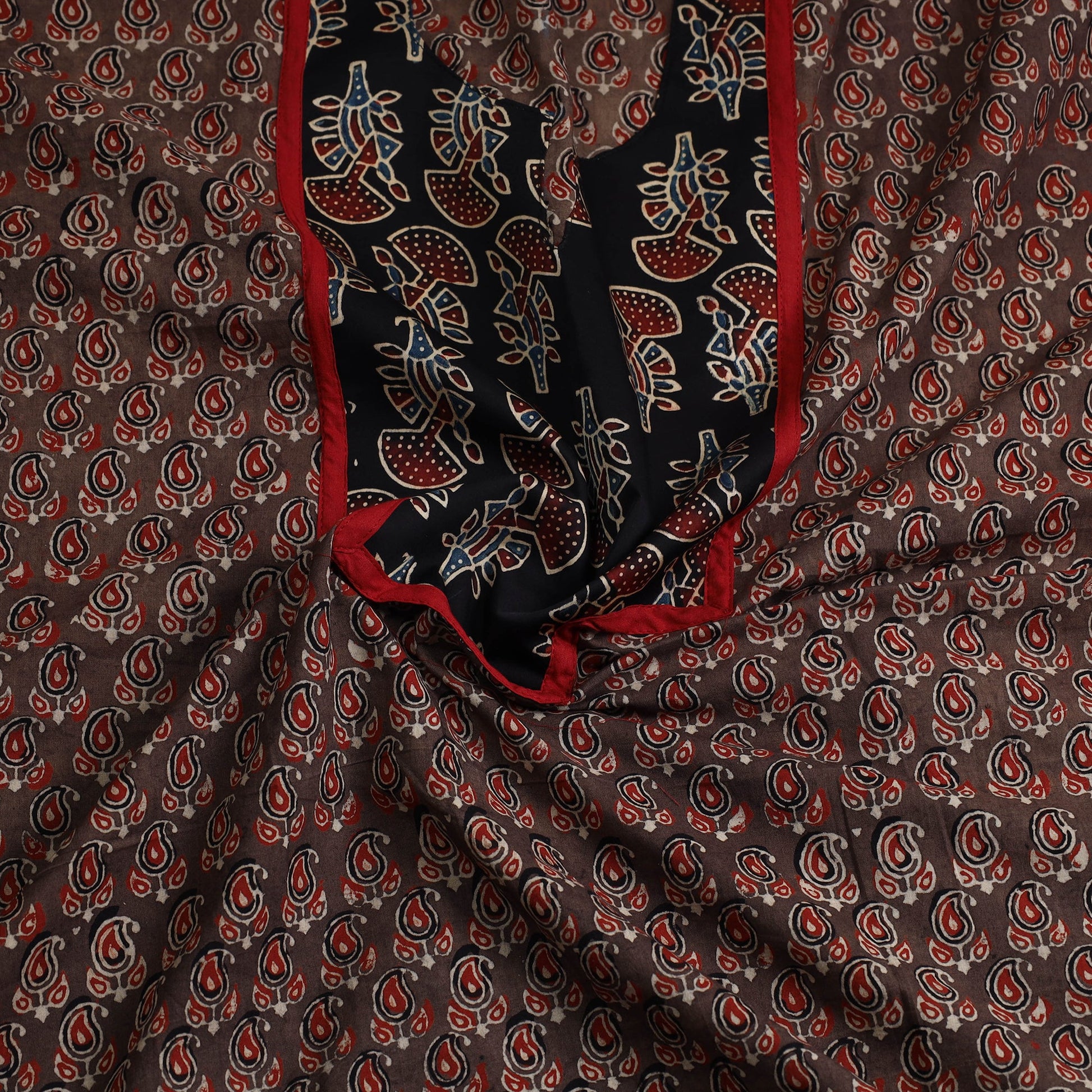 Brown - Ajrakh Print Cotton Patchwork Kurta Material (3m) 10