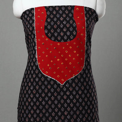 Black - Ajrakh Print Cotton Patchwork Kurta Material (3m) 08