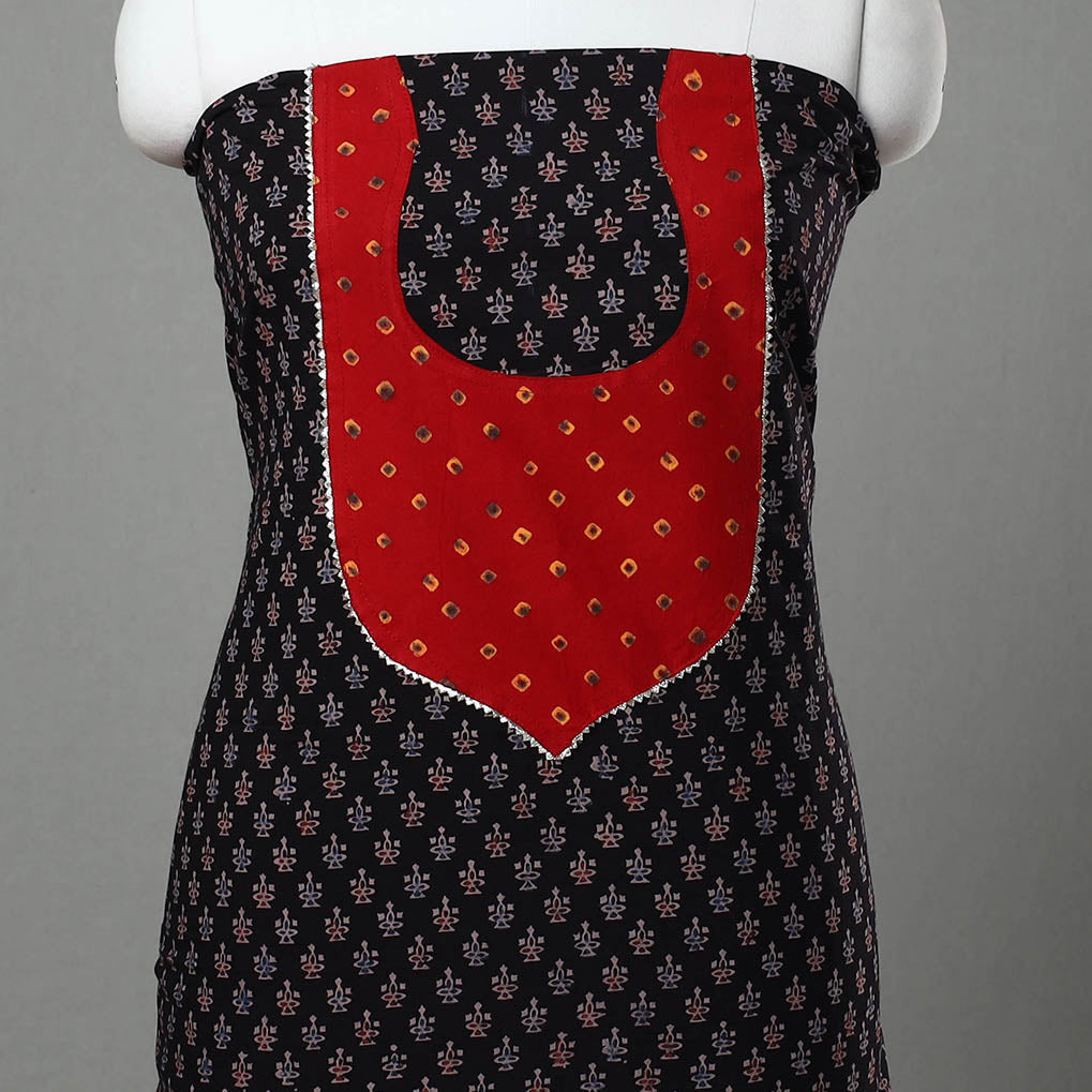Black - Ajrakh Print Cotton Patchwork Kurta Material (3m) 08