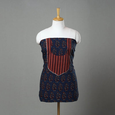 Blue - Ajrakh Print Cotton Patchwork Kurta Material (3m) 04
