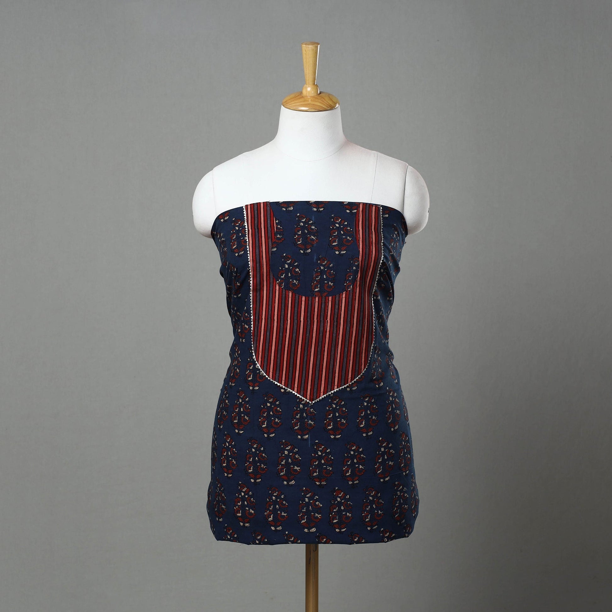 Blue - Ajrakh Print Cotton Patchwork Kurta Material (3m) 04