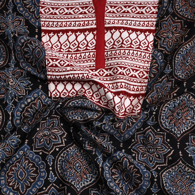 Black - Ajrakh Print Cotton Patchwork Kurta Material (3m) 02