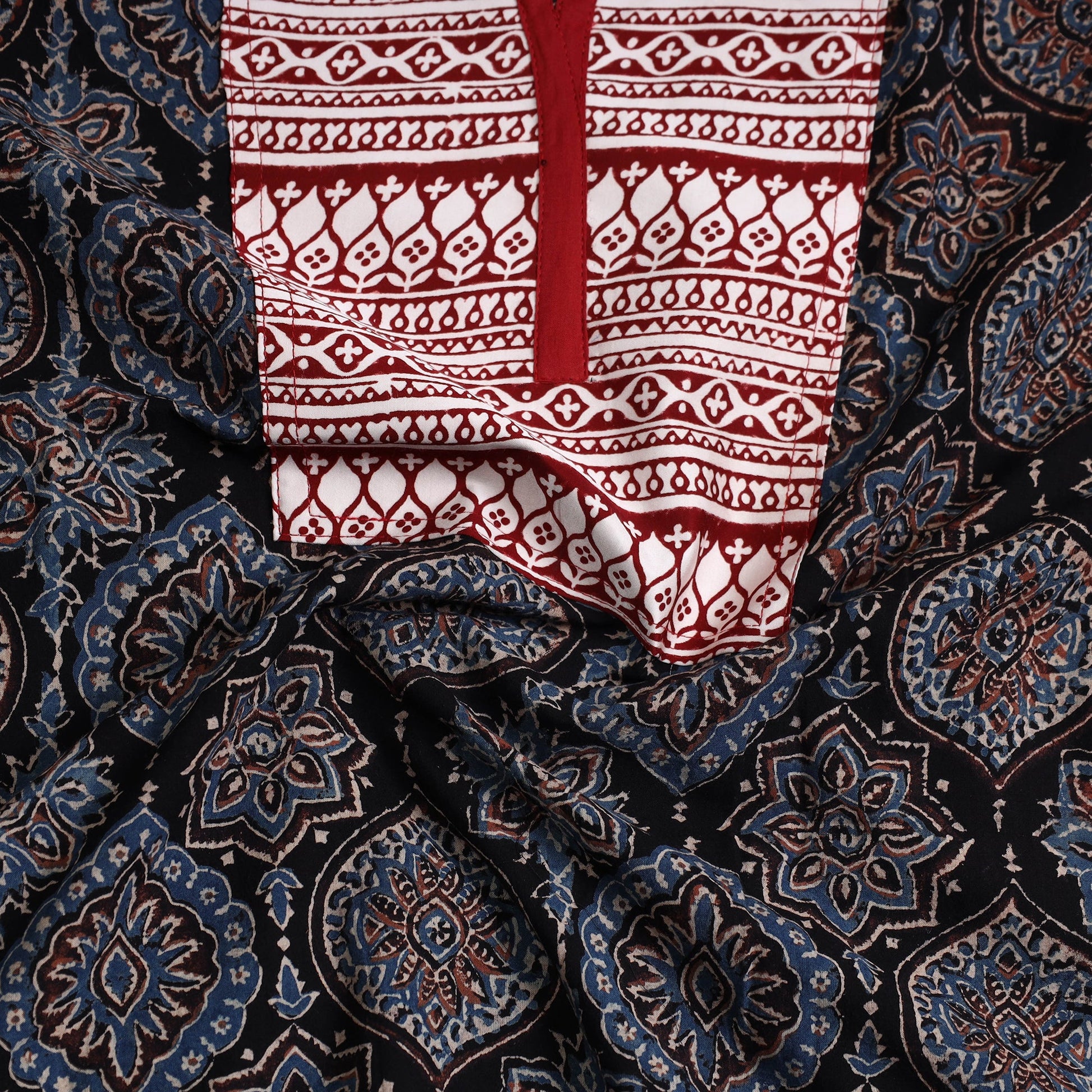 Black - Ajrakh Print Cotton Patchwork Kurta Material (3m) 02