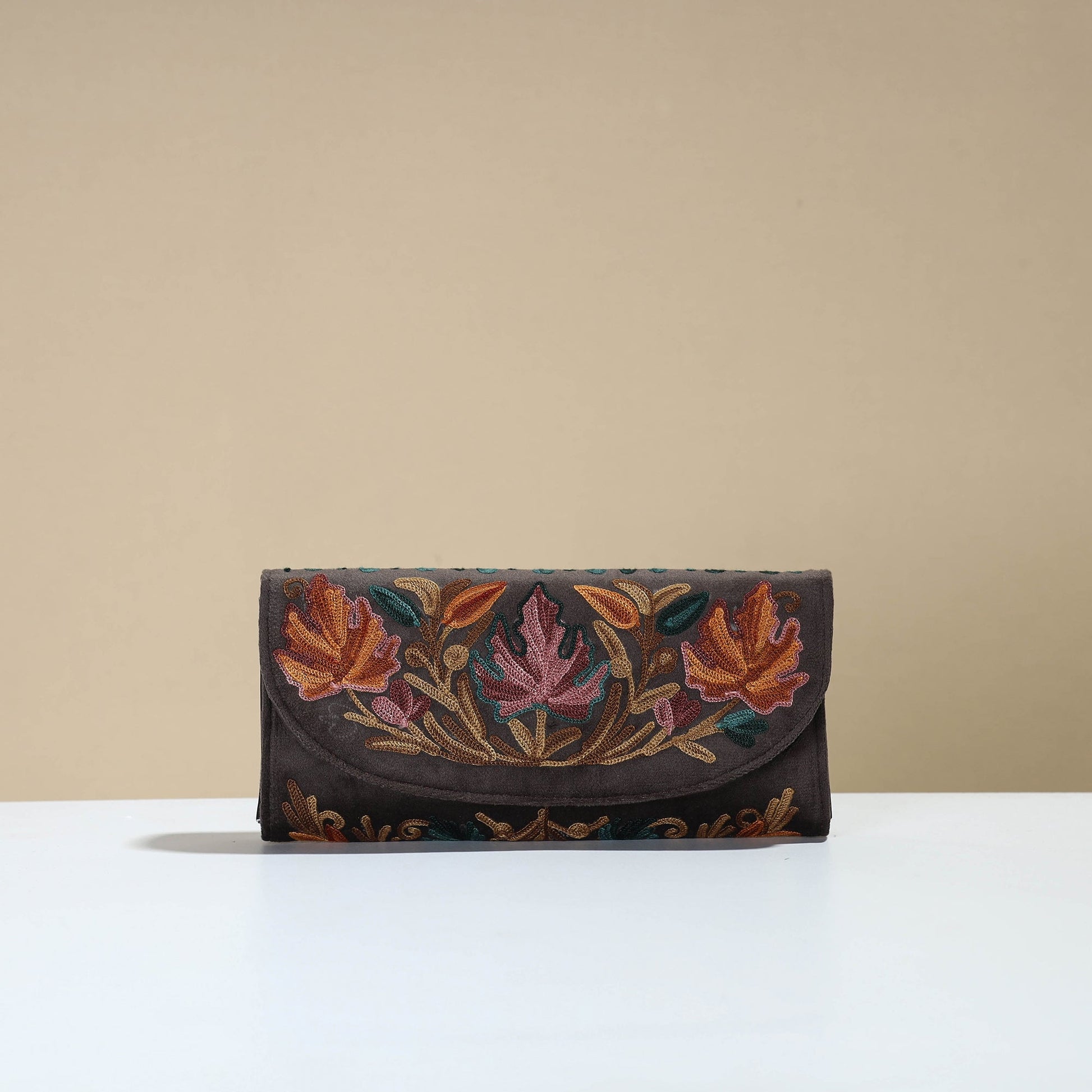 Brown - Kashmiri Crewel Hand Embroidery Velvet Travel Wallet 75