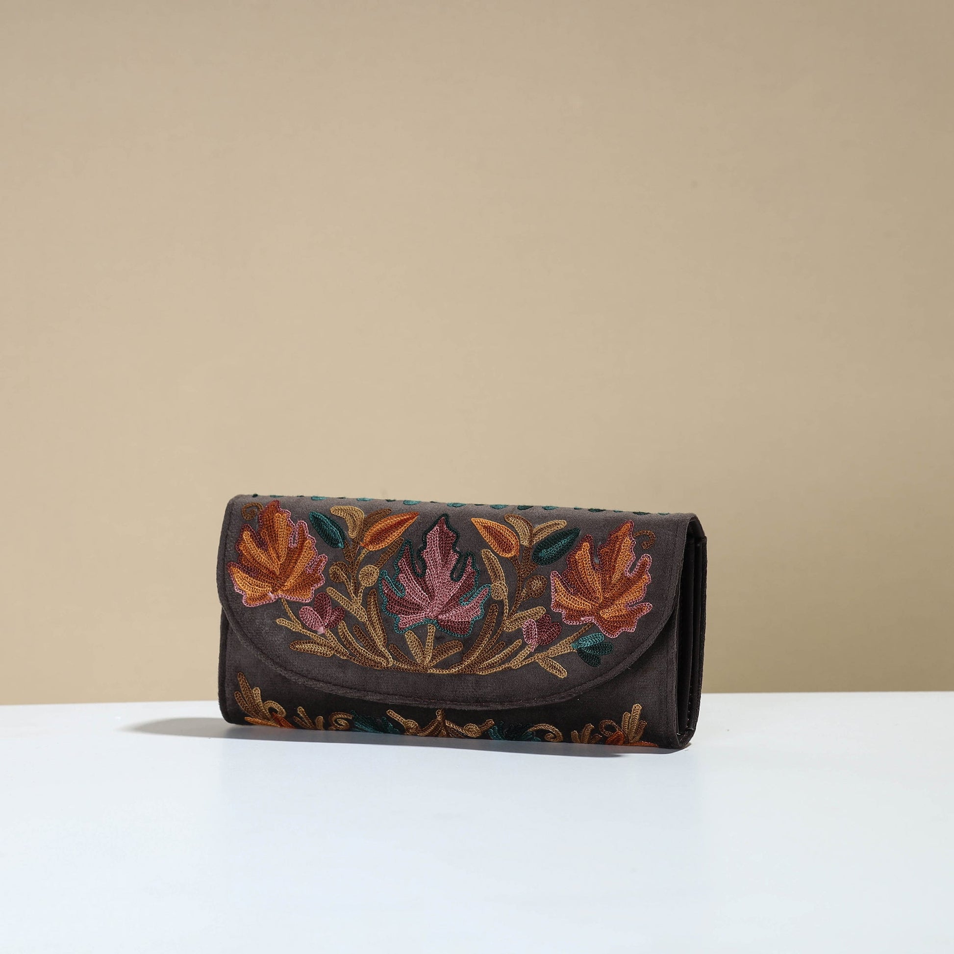 Brown - Kashmiri Crewel Hand Embroidery Velvet Travel Wallet 75