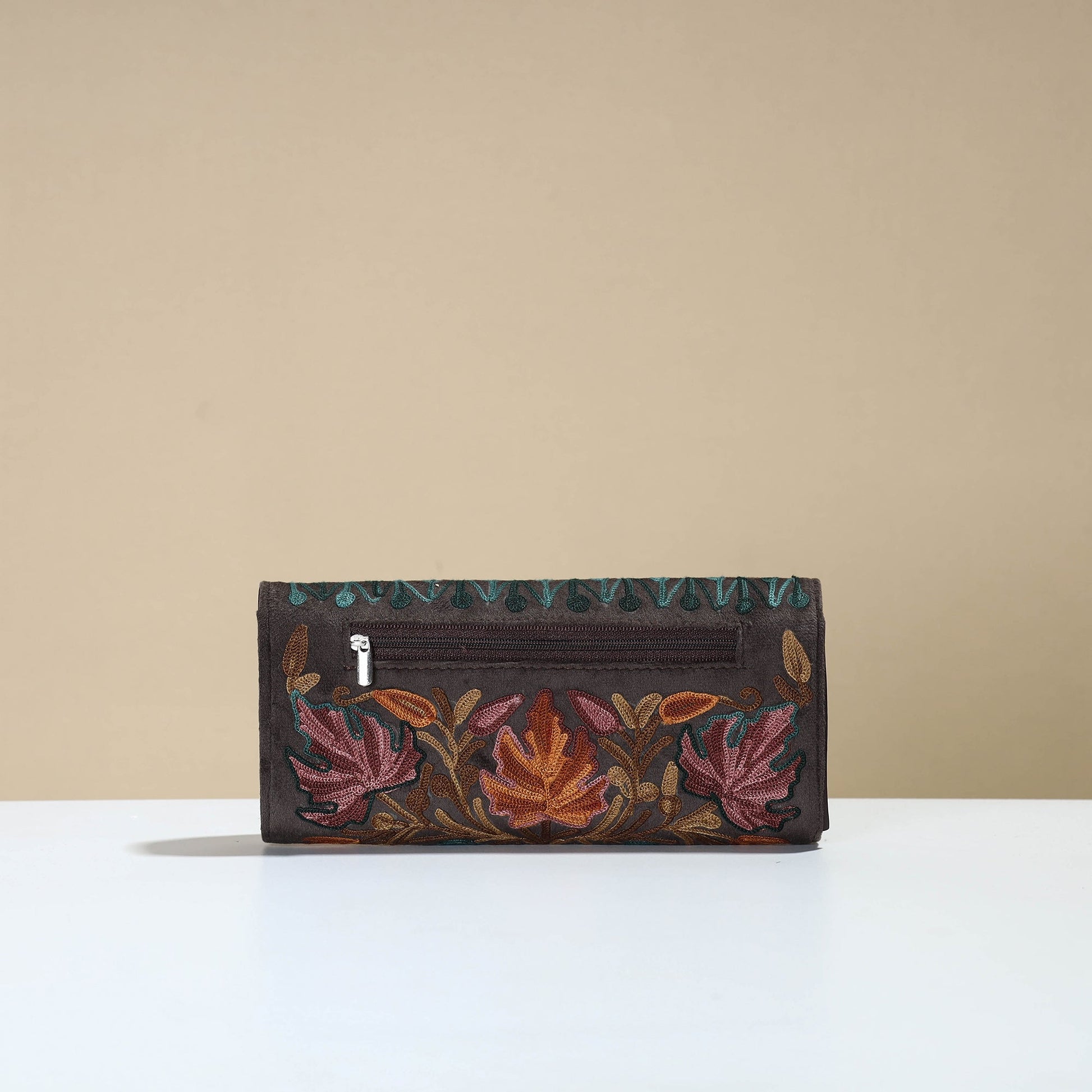 Brown - Kashmiri Crewel Hand Embroidery Velvet Travel Wallet 75