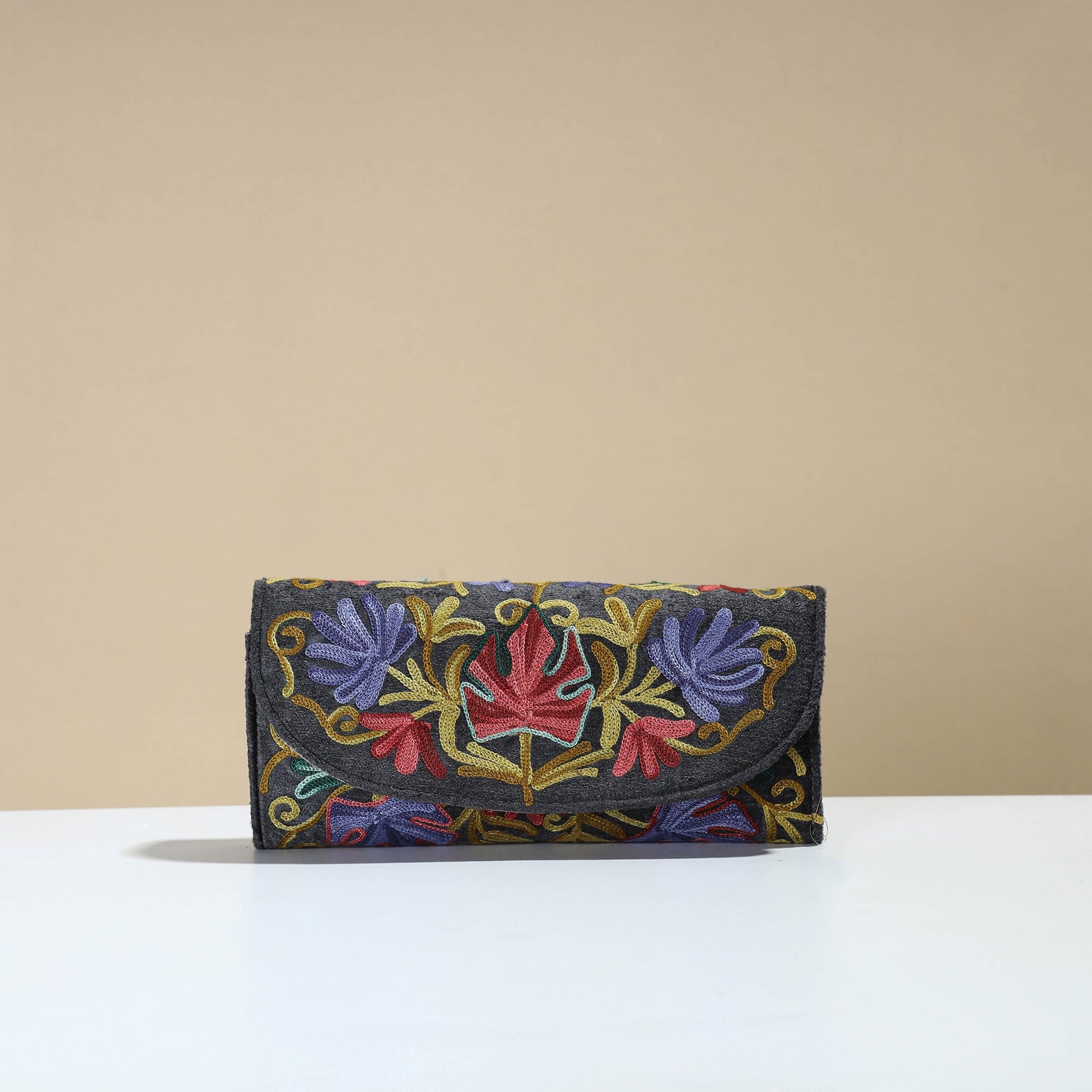 Black - Kashmiri Crewel Hand Embroidery Velvet Travel Wallet 76