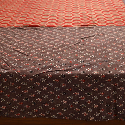 Brown - Ajrakh Block Printed Patchwork Cotton Double Bed Cover with Pillow Covers (108 x 90 In)