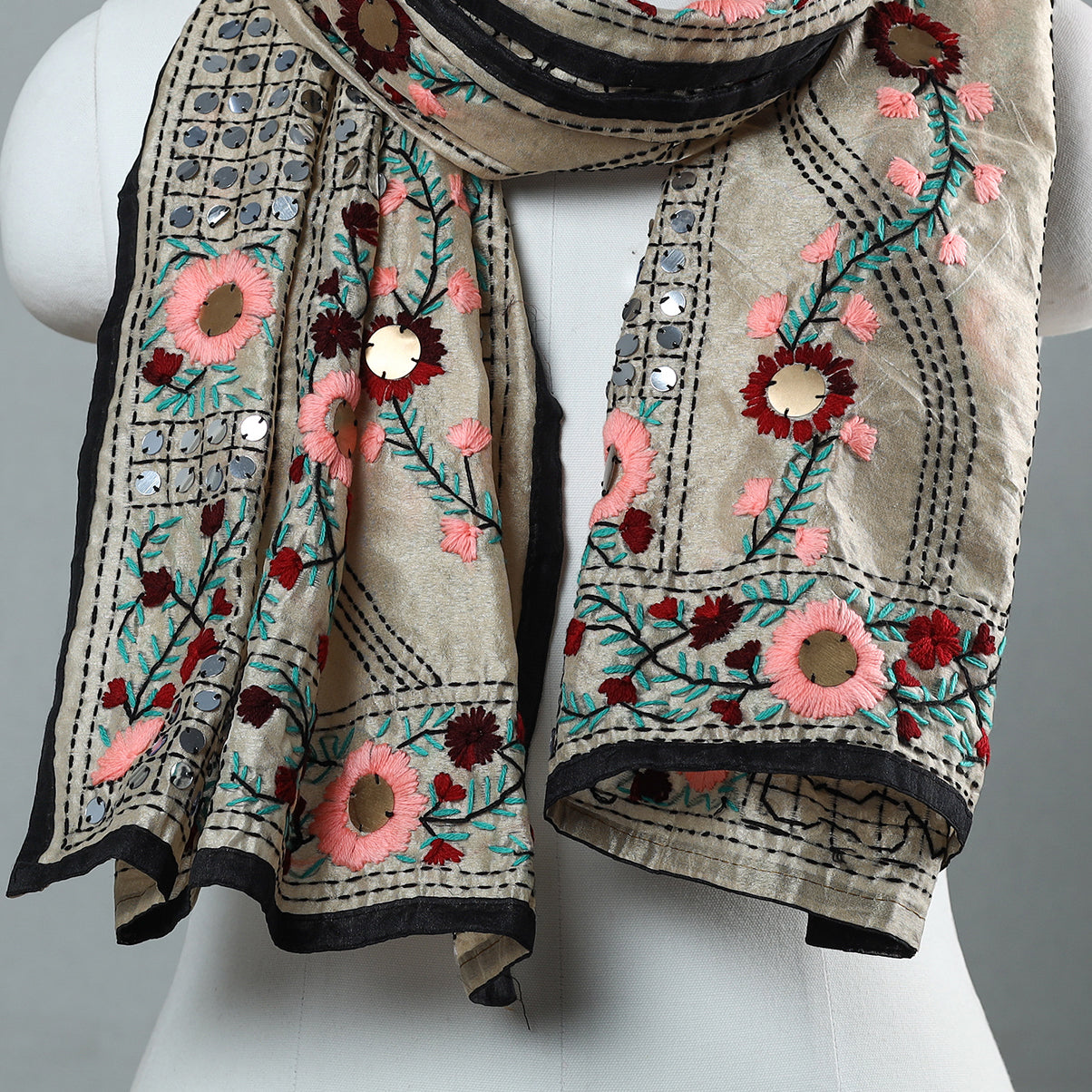 Black - Ranihati Chapa Work Phulkari Embroidery Chanderi Silk Stole 32