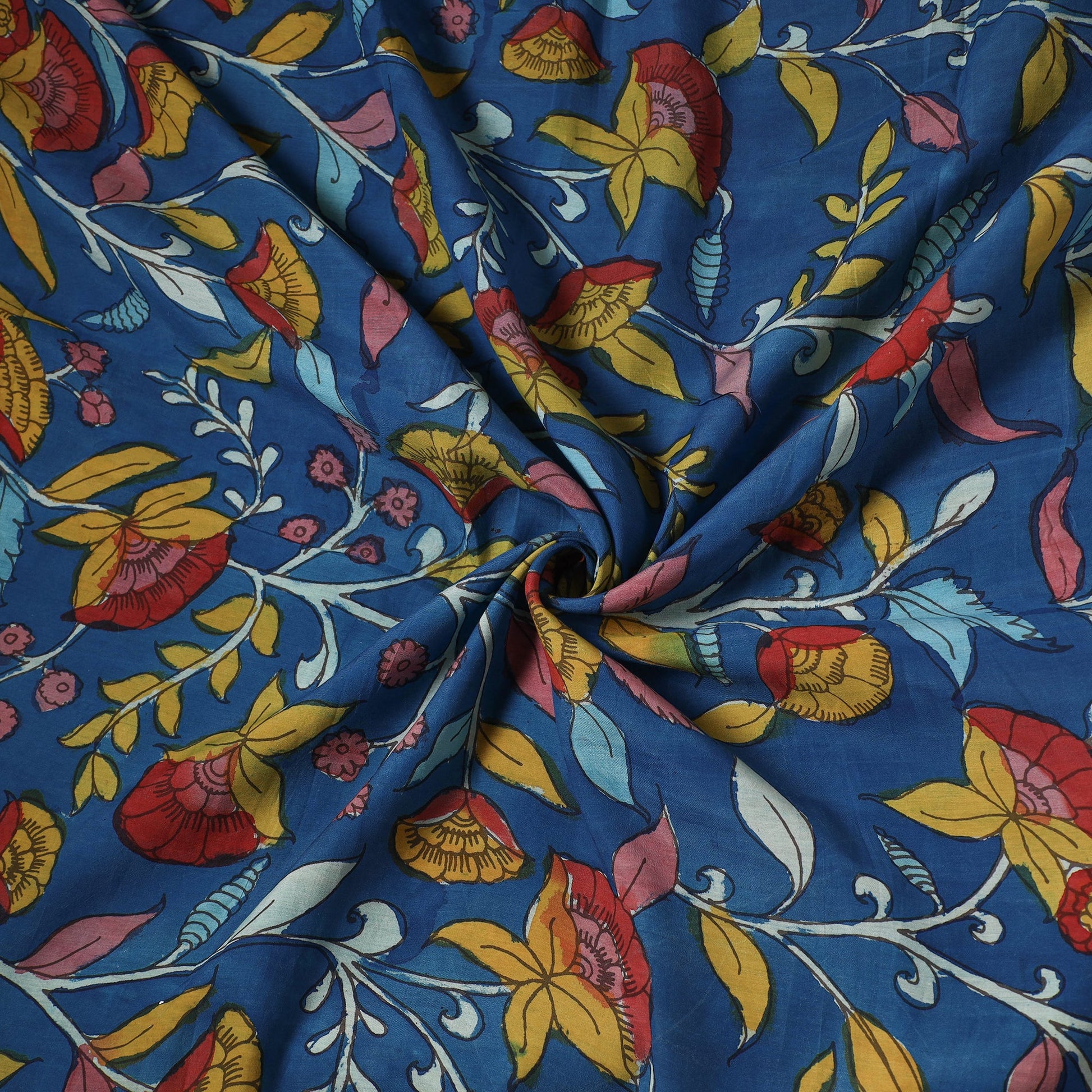 Blue - Chanderi Silk Srikalahasti Pen Kalamkari Fabric 14