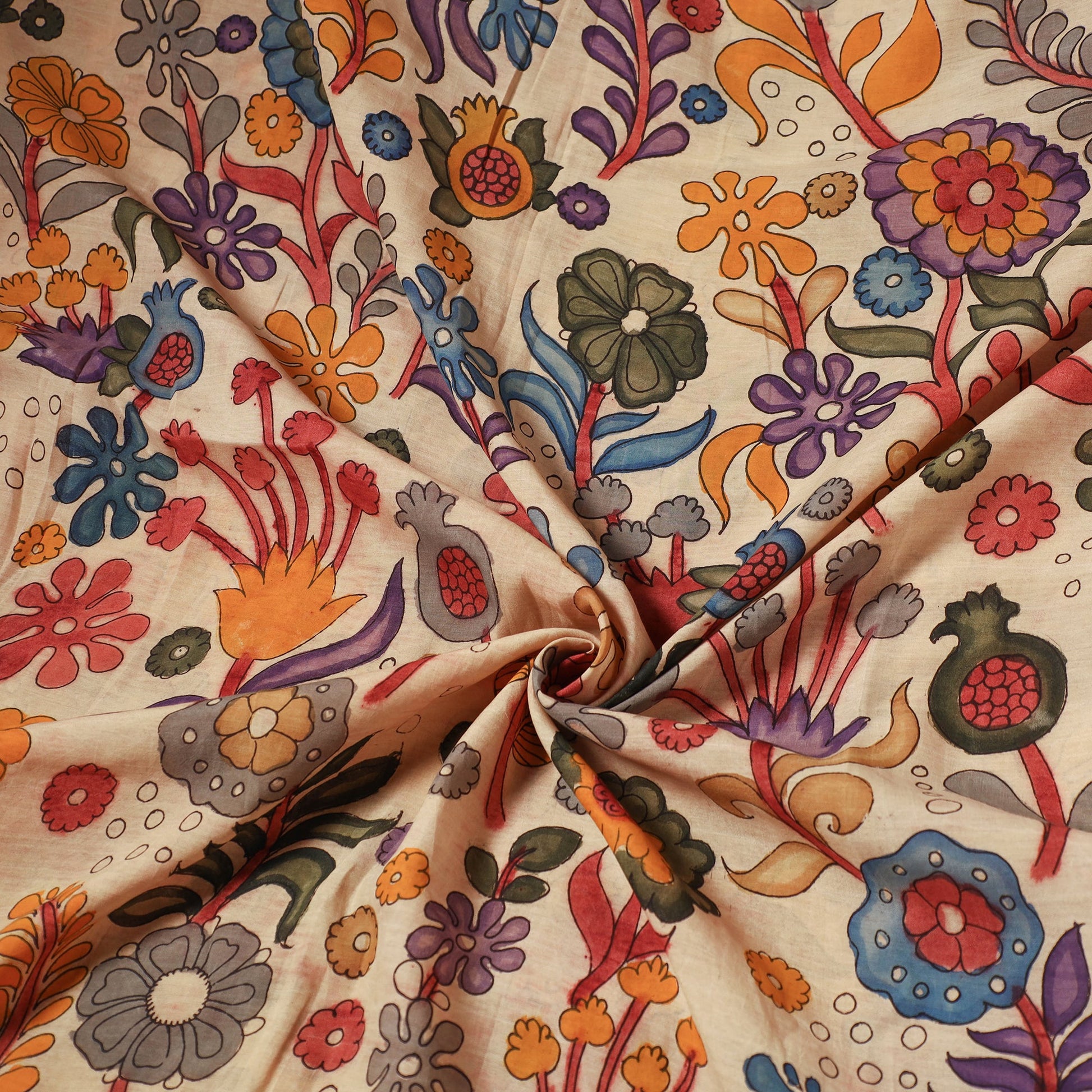 Beige - Chanderi Silk Srikalahasti Pen Kalamkari Fabric 02