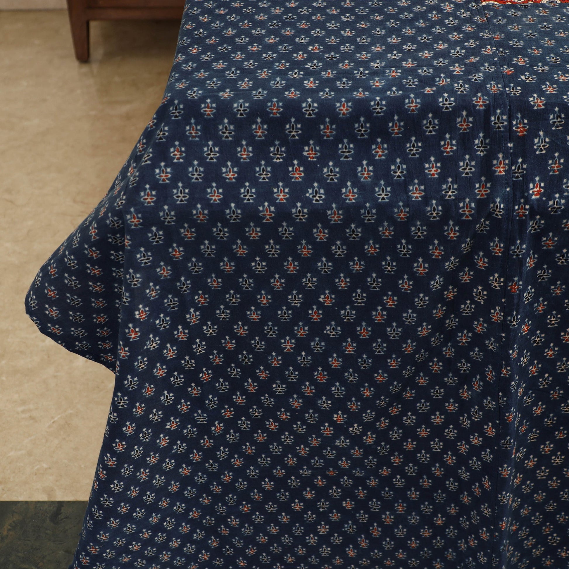 Blue - Ajrakh Block Printed Patchwork Cotton Double Bed Cover with Pillow Covers (108 x 90 In)
