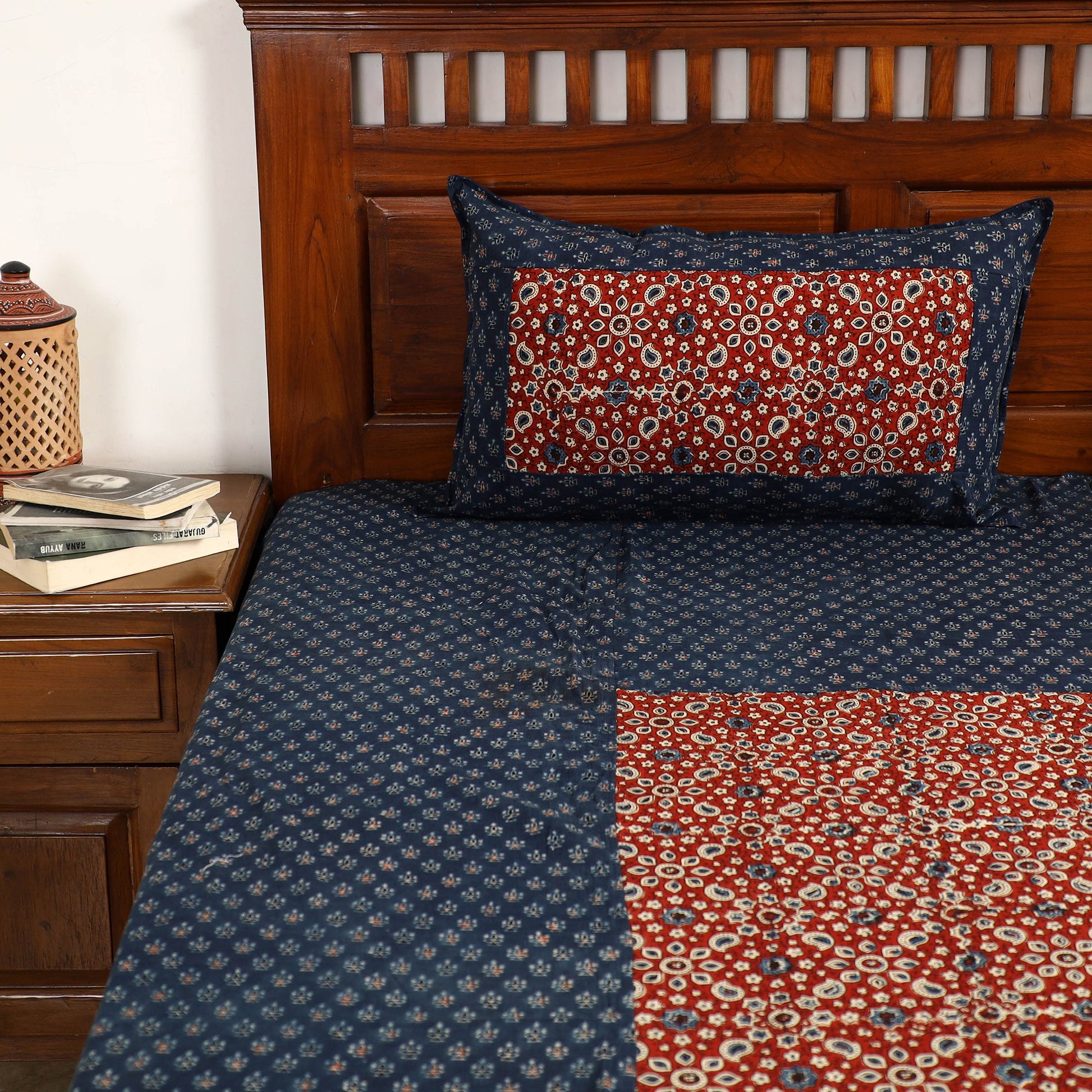 Blue - Ajrakh Block Printed Patchwork Cotton Double Bed Cover with Pillow Covers (108 x 90 In)