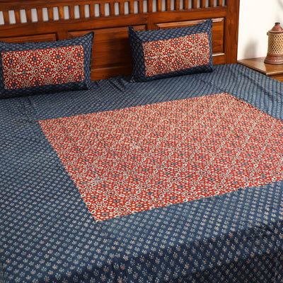 Blue - Ajrakh Block Printed Patchwork Cotton Double Bed Cover with Pillow Covers (108 x 90 In)