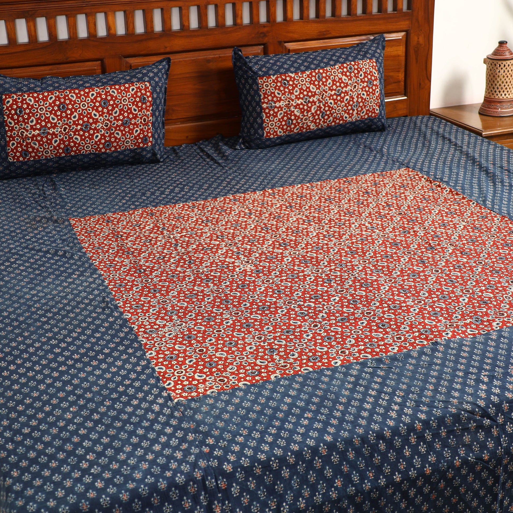 Blue - Ajrakh Block Printed Patchwork Cotton Double Bed Cover with Pillow Covers (108 x 90 In)