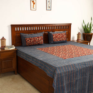 Blue - Ajrakh Block Printed Patchwork Cotton Double Bed Cover with Pillow Covers (108 x 90 In)