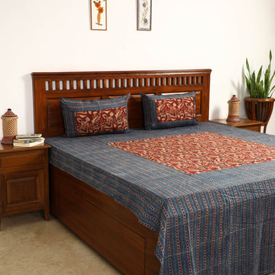 Blue - Ajrakh Block Printed Patchwork Cotton Double Bed Cover with Pillow Covers (108 x 90 In)