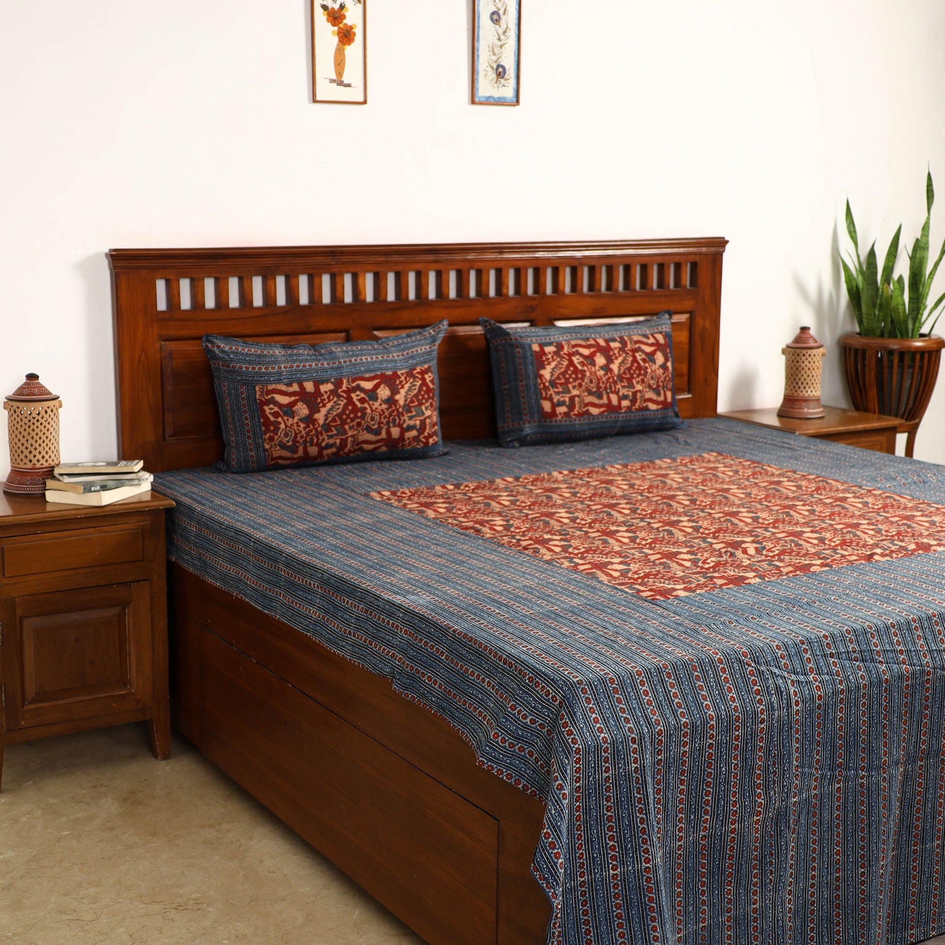 Blue - Ajrakh Block Printed Patchwork Cotton Double Bed Cover with Pillow Covers (108 x 90 In)