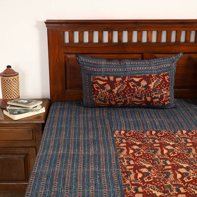 Blue - Ajrakh Block Printed Patchwork Cotton Double Bed Cover with Pillow Covers (108 x 90 In)