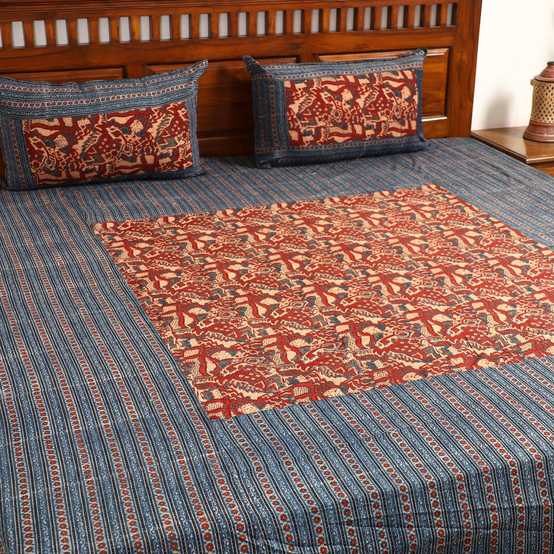 Blue - Ajrakh Block Printed Patchwork Cotton Double Bed Cover with Pillow Covers (108 x 90 In)