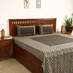 Brown - Ajrakh Block Printed Patchwork Cotton Double Bed Cover with Pillow Covers (108 x 90 In)