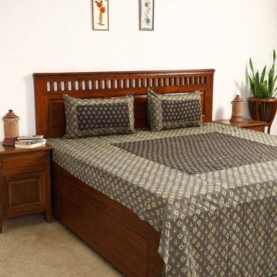 Brown - Ajrakh Block Printed Patchwork Cotton Double Bed Cover with Pillow Covers (108 x 90 In)