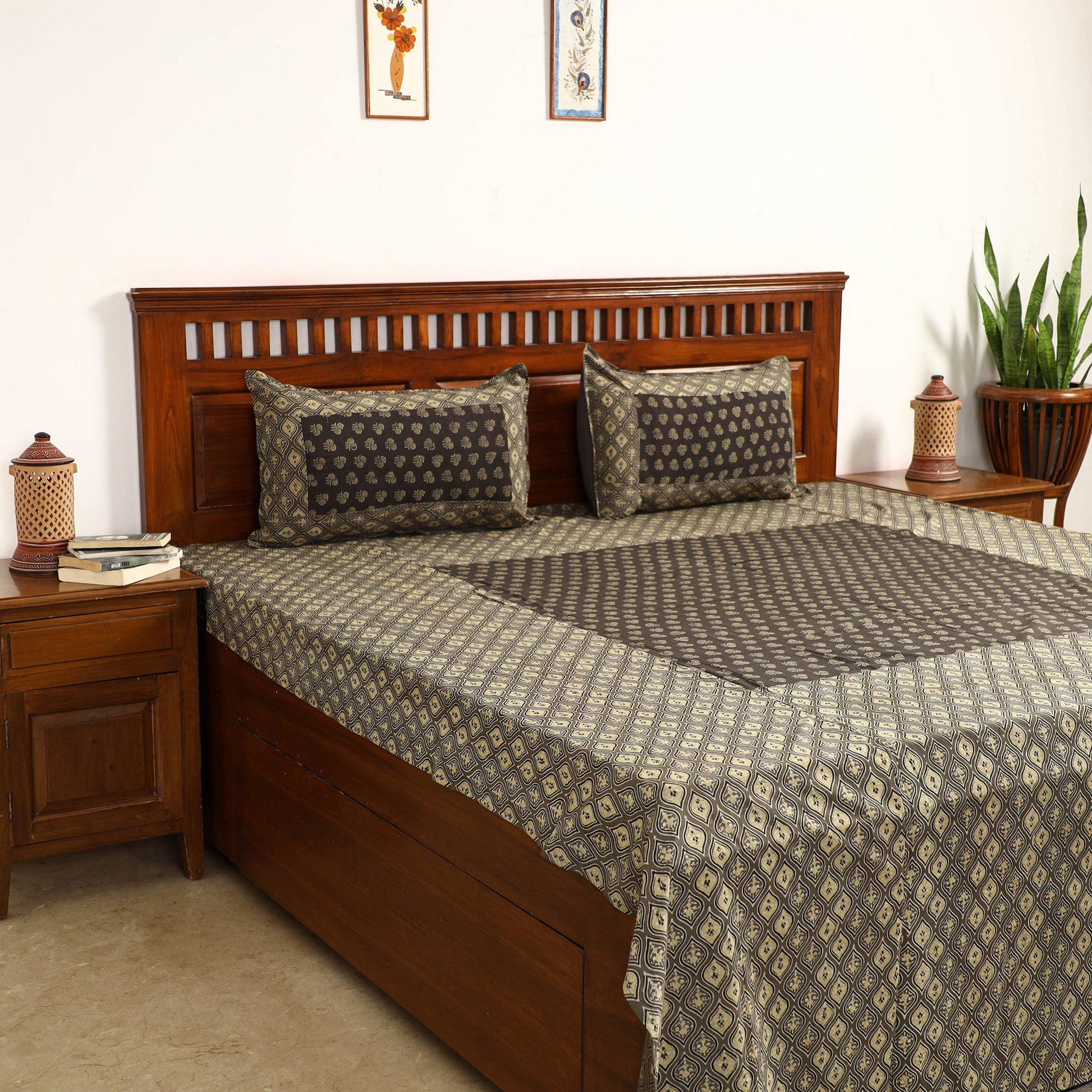 Brown - Ajrakh Block Printed Patchwork Cotton Double Bed Cover with Pillow Covers (108 x 90 In)