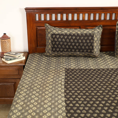 Brown - Ajrakh Block Printed Patchwork Cotton Double Bed Cover with Pillow Covers (108 x 90 In)