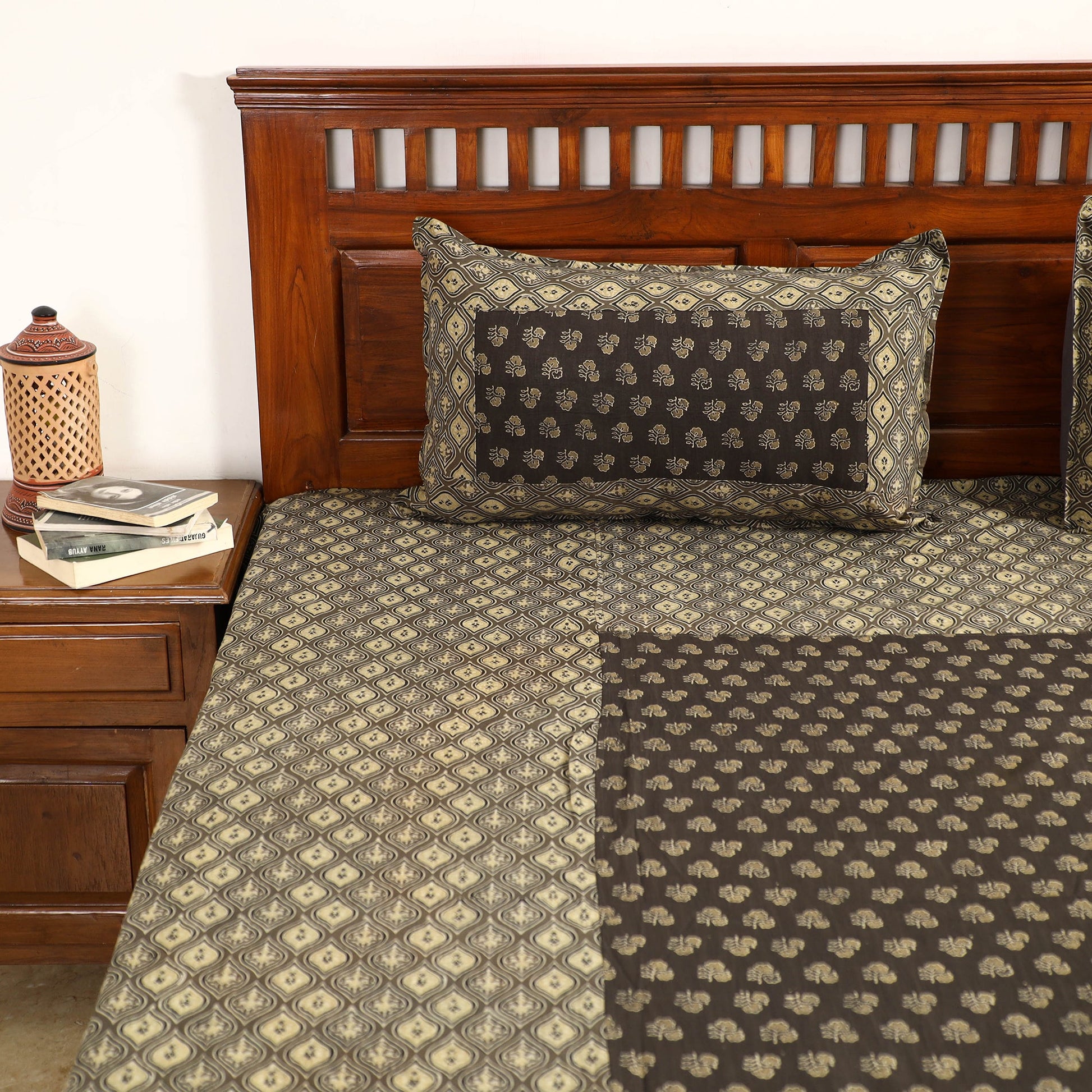 Brown - Ajrakh Block Printed Patchwork Cotton Double Bed Cover with Pillow Covers (108 x 90 In)