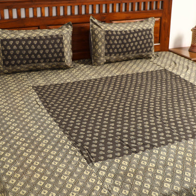 Brown - Ajrakh Block Printed Patchwork Cotton Double Bed Cover with Pillow Covers (108 x 90 In)