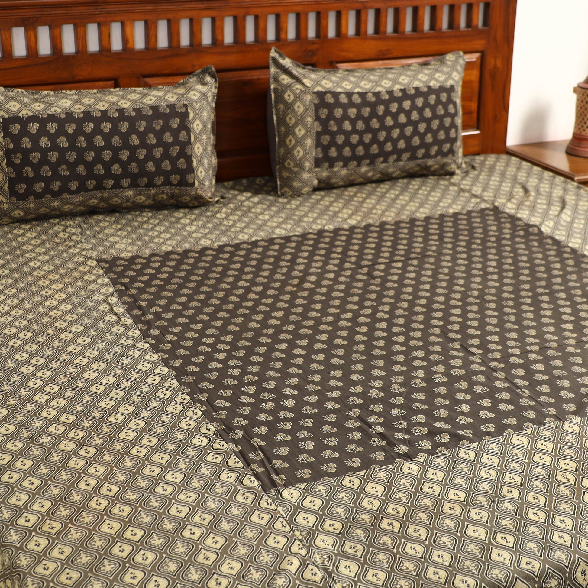 Brown - Ajrakh Block Printed Patchwork Cotton Double Bed Cover with Pillow Covers (108 x 90 In)