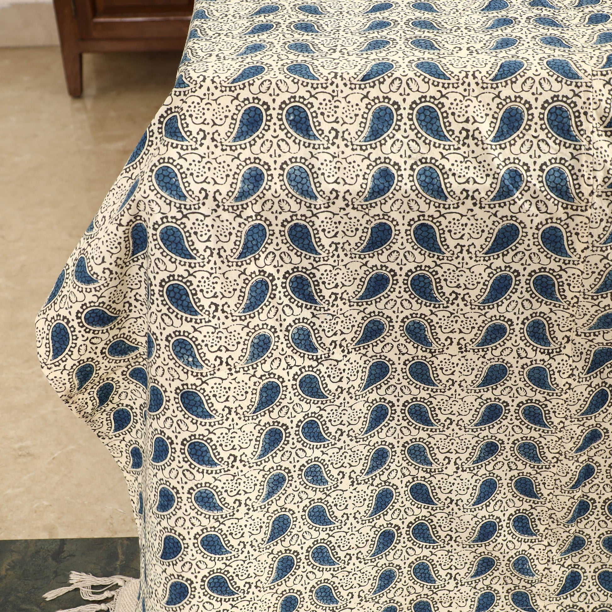 Beige - Ajrakh Block Printed Patchwork Cotton Double Bed Cover with Pillow Covers (108 x 90 In)