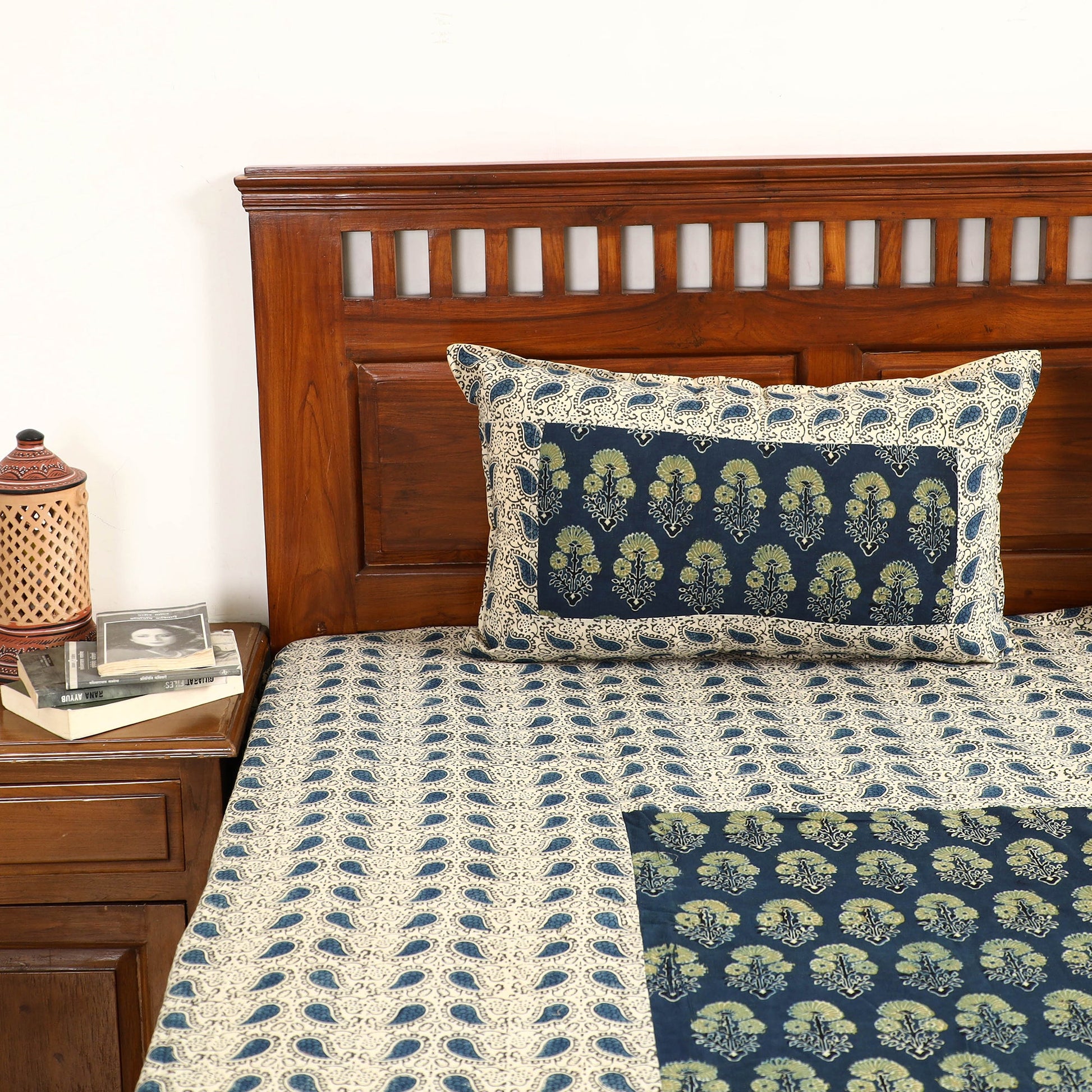 Beige - Ajrakh Block Printed Patchwork Cotton Double Bed Cover with Pillow Covers (108 x 90 In)
