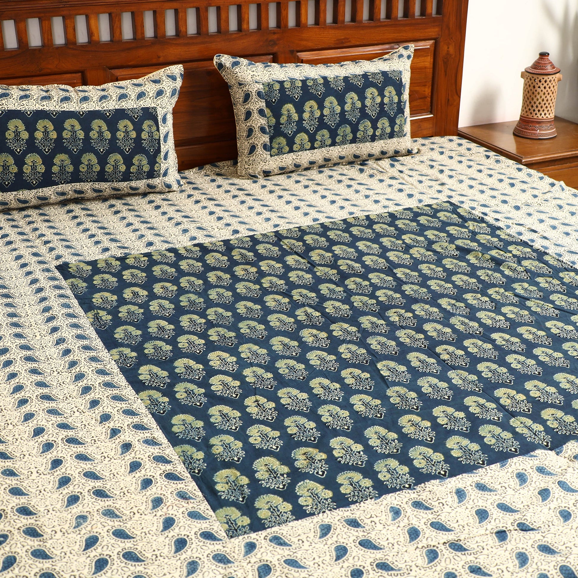 Beige - Ajrakh Block Printed Patchwork Cotton Double Bed Cover with Pillow Covers (108 x 90 In)