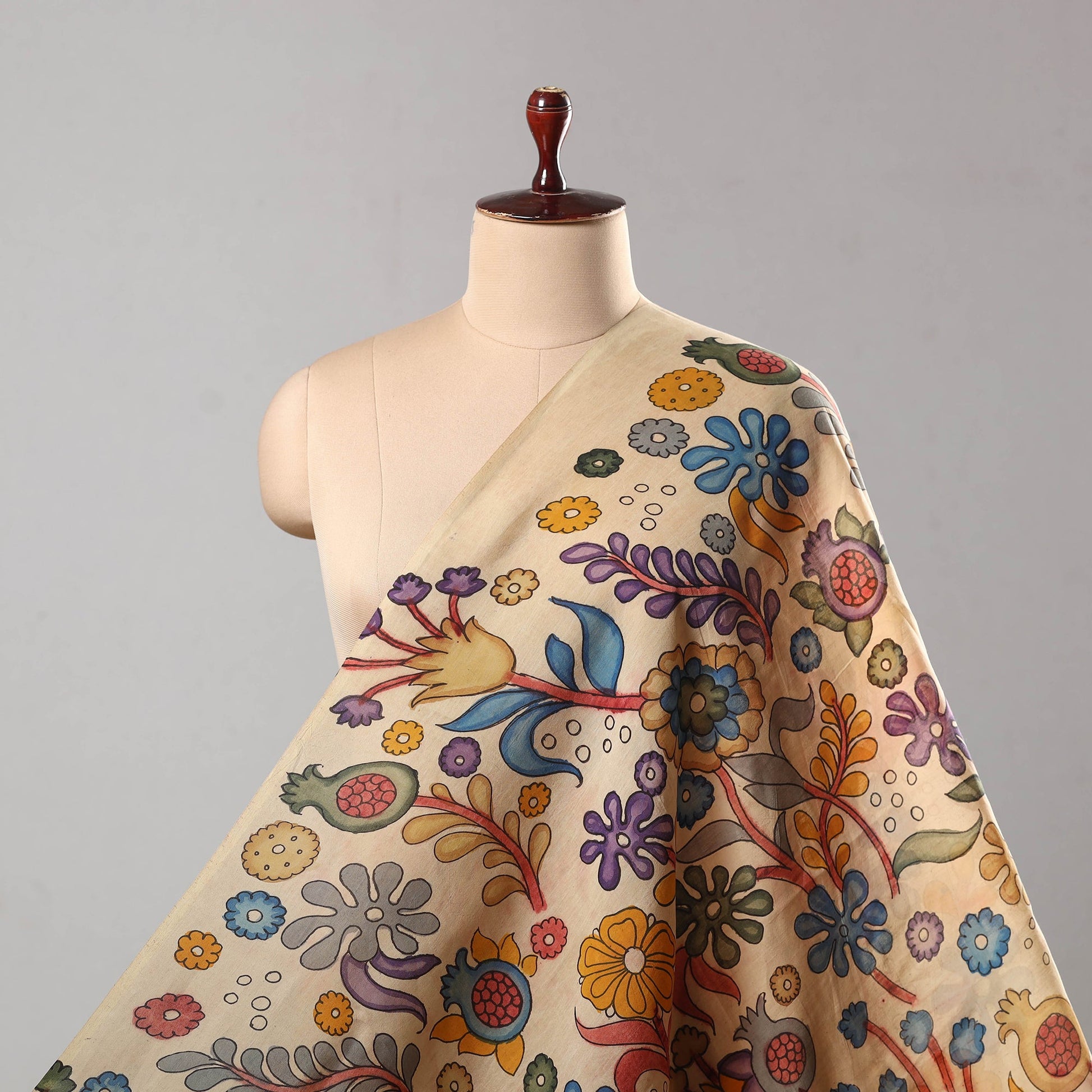 Beige - Chanderi Silk Srikalahasti Pen Kalamkari Fabric 02