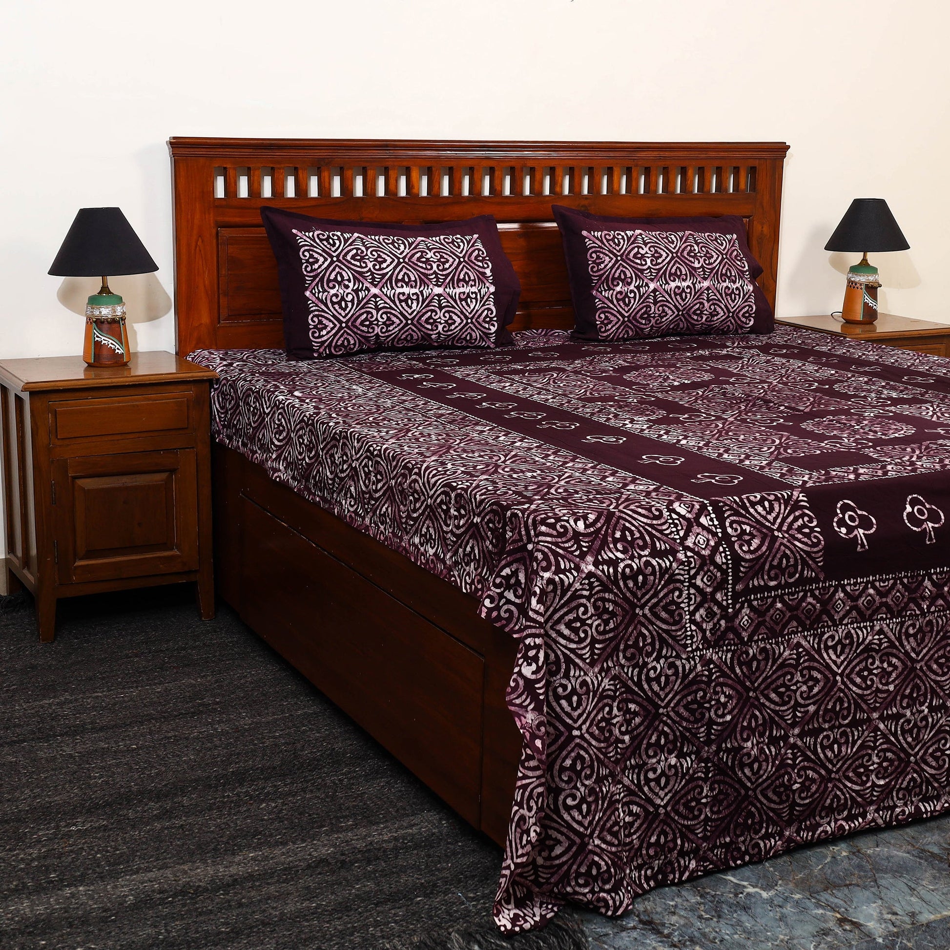 Brown - Cotton Double Hand Batik Print Bed Sheet Set 15