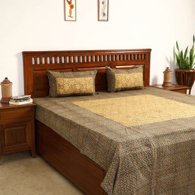 Brown - Kalamkari Block Printed Patchwork Cotton Double Bed Cover With Pillow Covers (108 x 90 in)