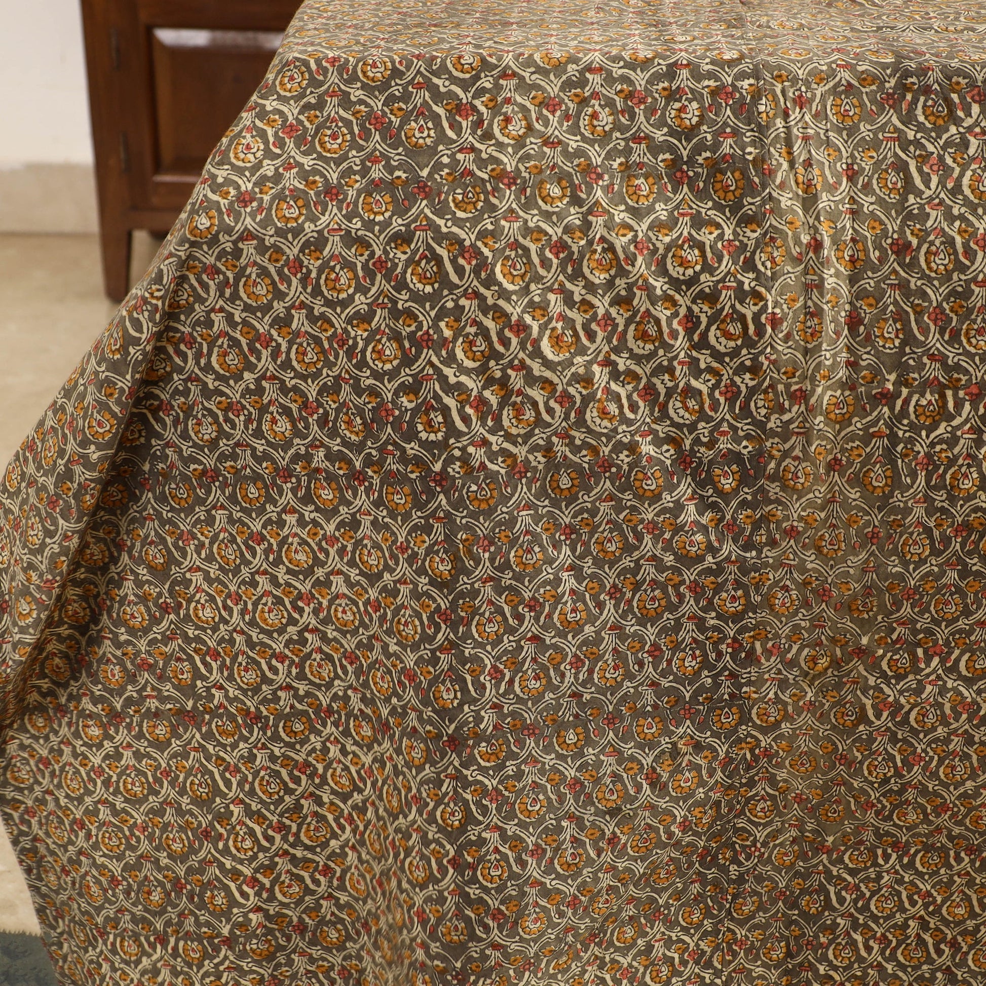 Brown - Kalamkari Block Printed Patchwork Cotton Double Bed Cover With Pillow Covers (108 x 90 in)