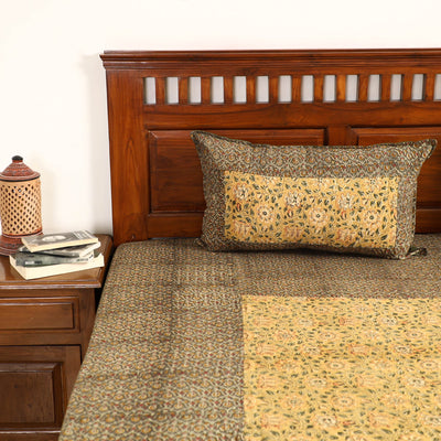 Brown - Kalamkari Block Printed Patchwork Cotton Double Bed Cover With Pillow Covers (108 x 90 in)