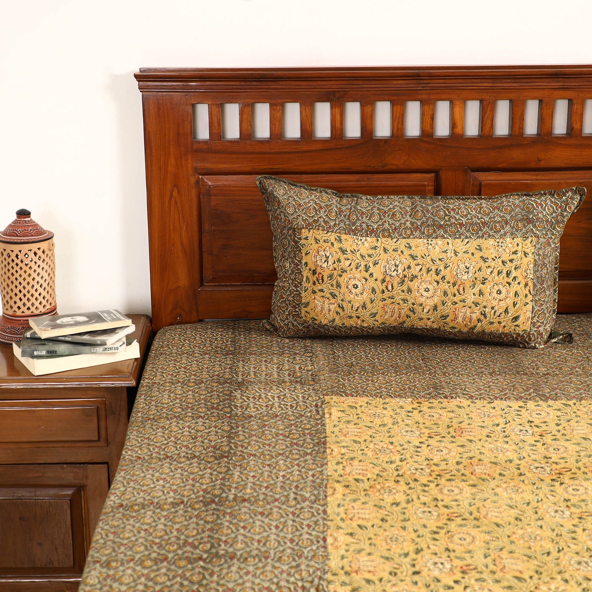 Brown - Kalamkari Block Printed Patchwork Cotton Double Bed Cover With Pillow Covers (108 x 90 in)