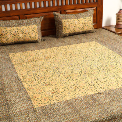 Brown - Kalamkari Block Printed Patchwork Cotton Double Bed Cover With Pillow Covers (108 x 90 in)