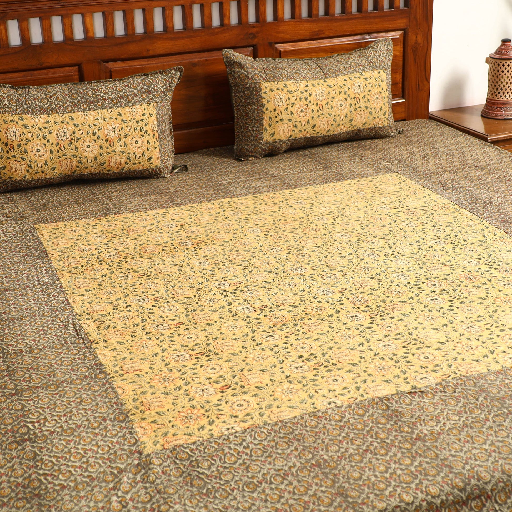 Brown - Kalamkari Block Printed Patchwork Cotton Double Bed Cover With Pillow Covers (108 x 90 in)