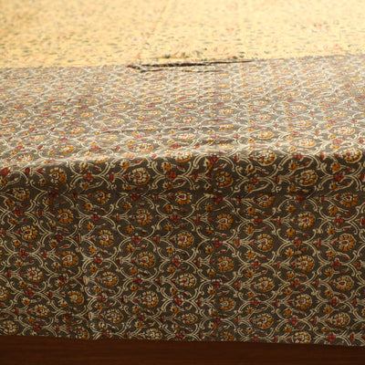 Brown - Kalamkari Block Printed Patchwork Cotton Double Bed Cover With Pillow Covers (108 x 90 in)