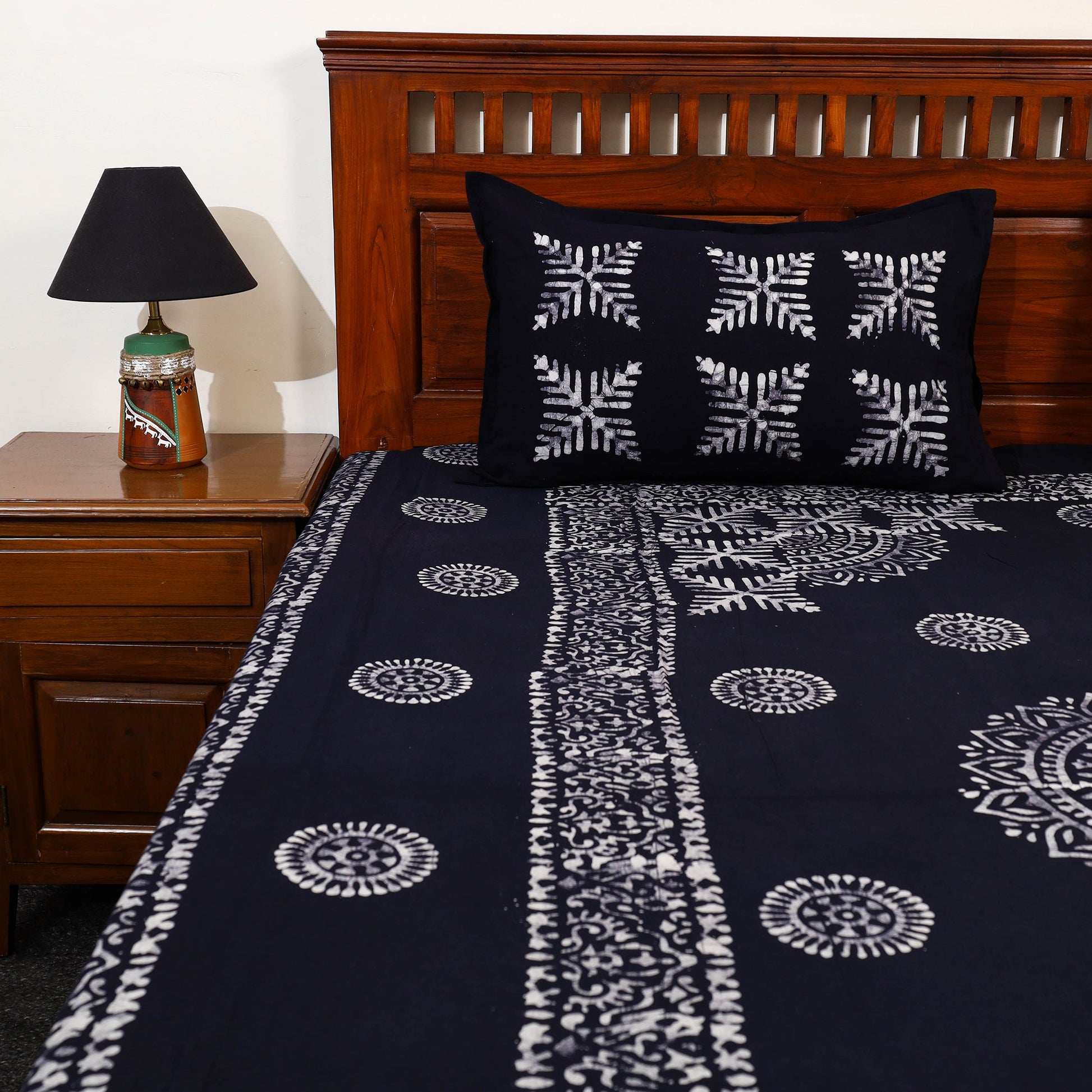 Blue - Cotton Double Hand Batik Print Bed Sheet Set 38